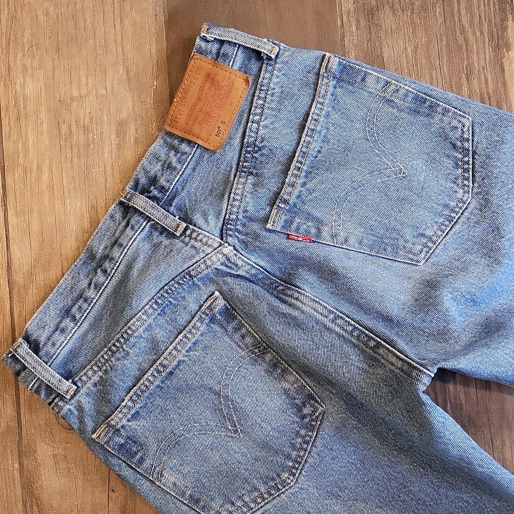 Levi's 501 Distressed Med Blue Wash Button Fly Distressed Straight Leg Jeans, 26 - Picture 10 of 12
